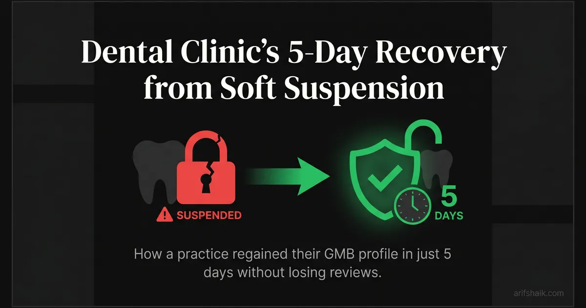Dental clinic Google Business Profile soft suspension recovery case study — modern clinic reception reinstated in 5 days with zero reviews lost