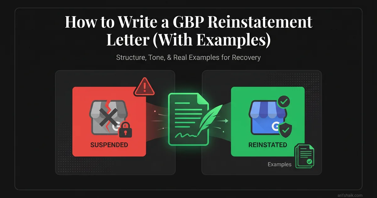 Laptop mockup showing a Google Business Profile reinstatement appeal letter being composed inside the support form with attached documentation