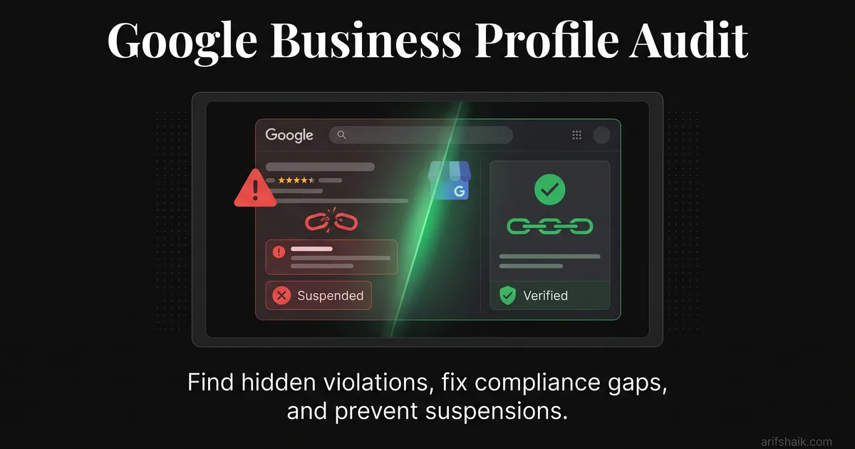 Five-step Google Business Profile audit checklist on a clipboard with a magnifying glass over a GBP dashboard