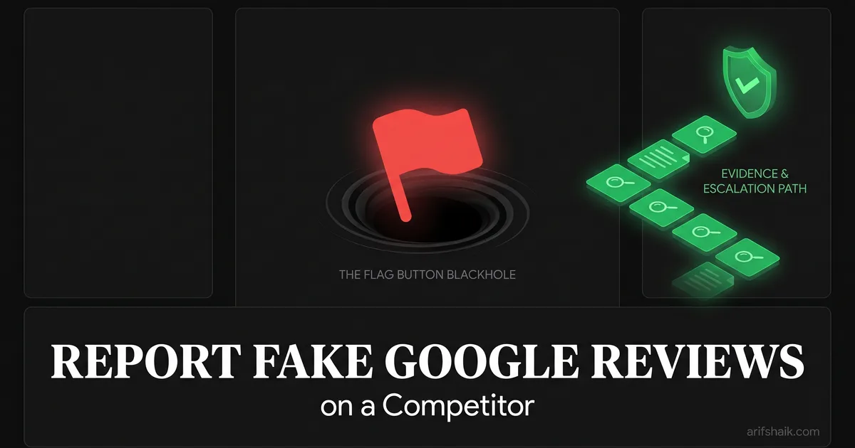 Screenshot of Google Maps review section with suspicious reviews flagged and evidence documentation laid out