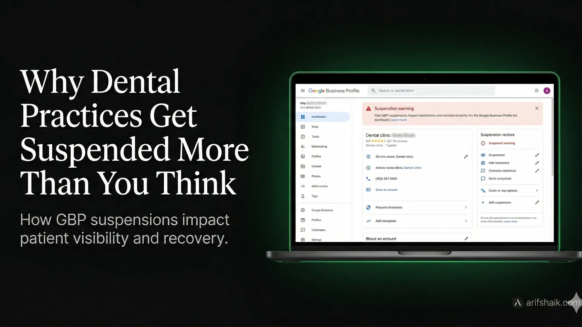 Laptop showing a suspended Google Business Profile dashboard for a dental clinic with a suspension warning banner and violation details