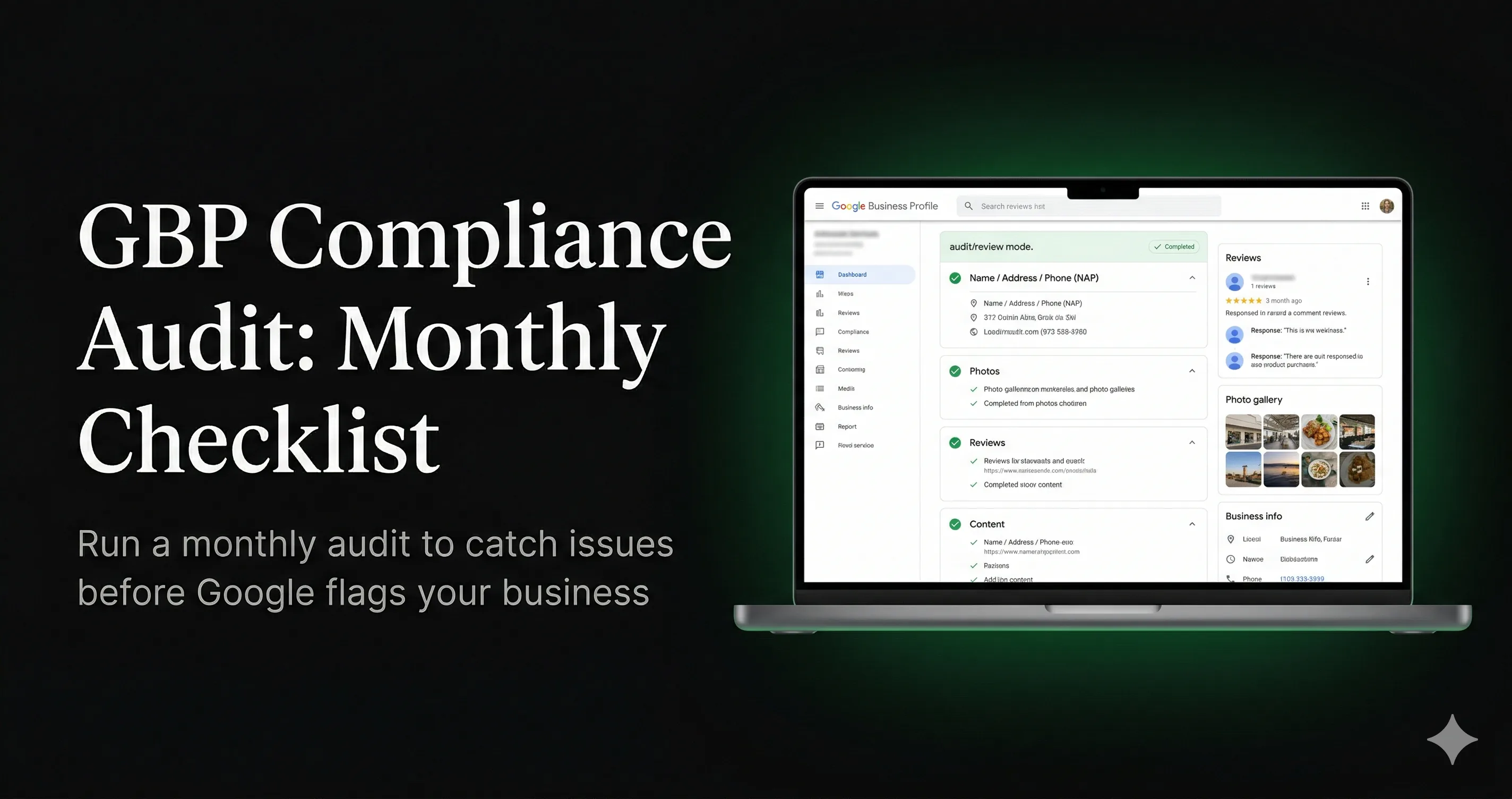 Google Business Profile compliance audit dashboard showing monthly checklist for NAP, photos, reviews, and content