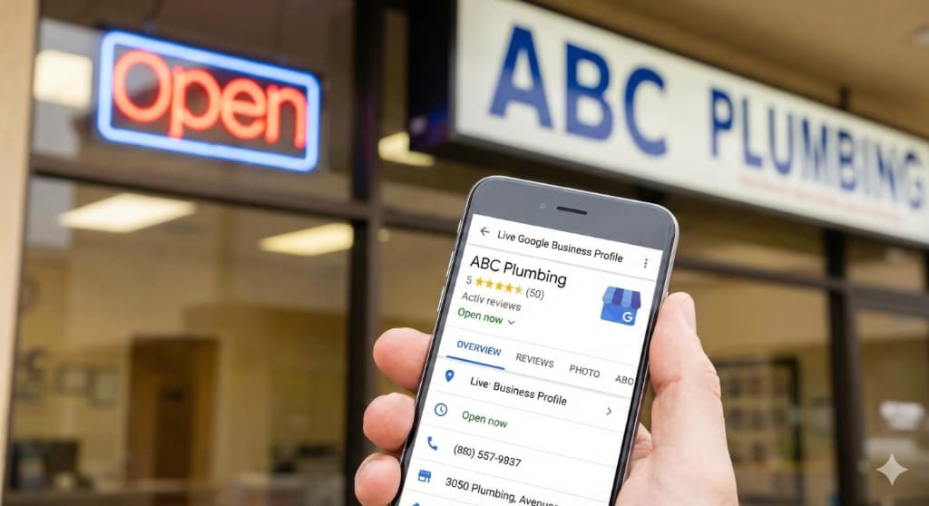 Frustrated business owner looking at laptop with a suspended Google Business Profile dashboard showing a red suspended banner