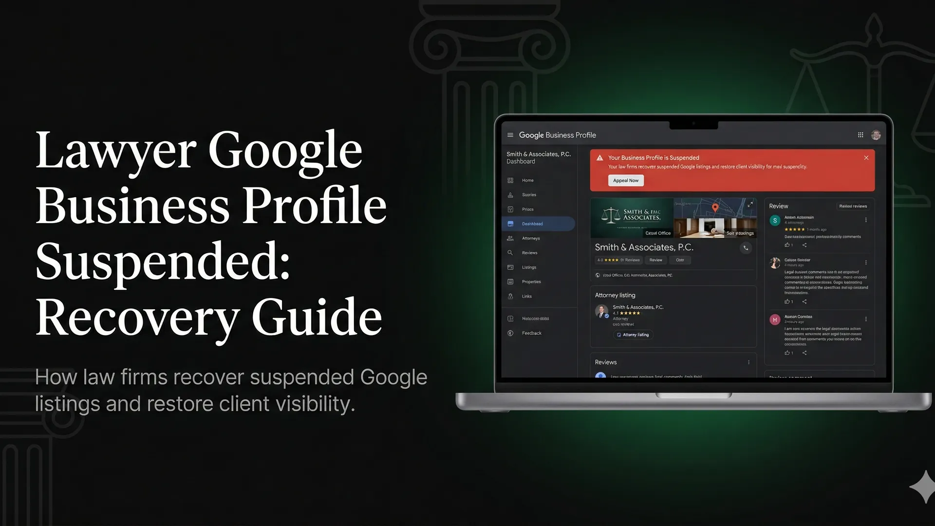 Laptop showing a suspended Google Business Profile dashboard for a law firm with a red suspension warning banner and attorney listing details