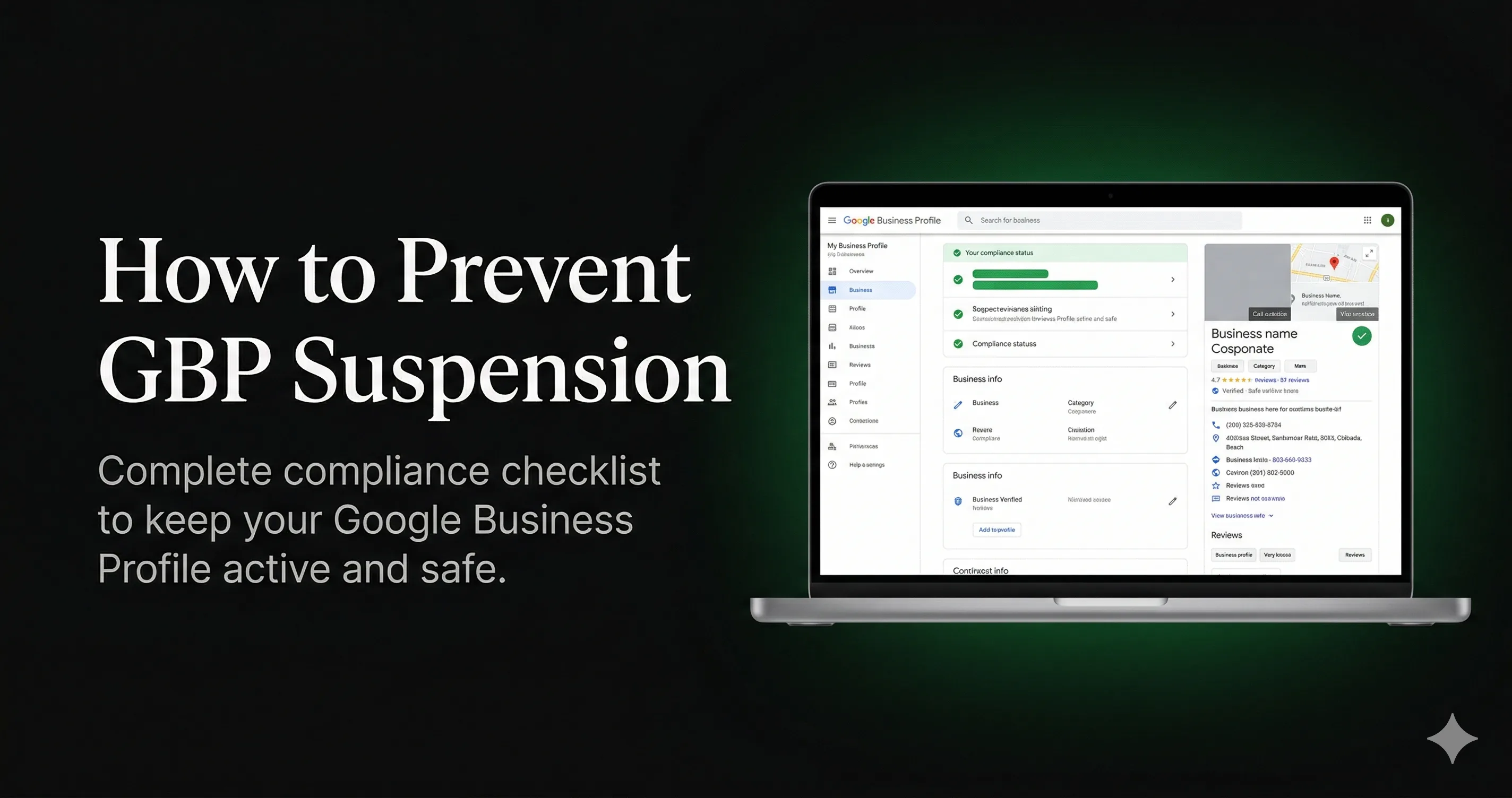Google Business Profile dashboard showing compliance status fields for a suspension prevention audit