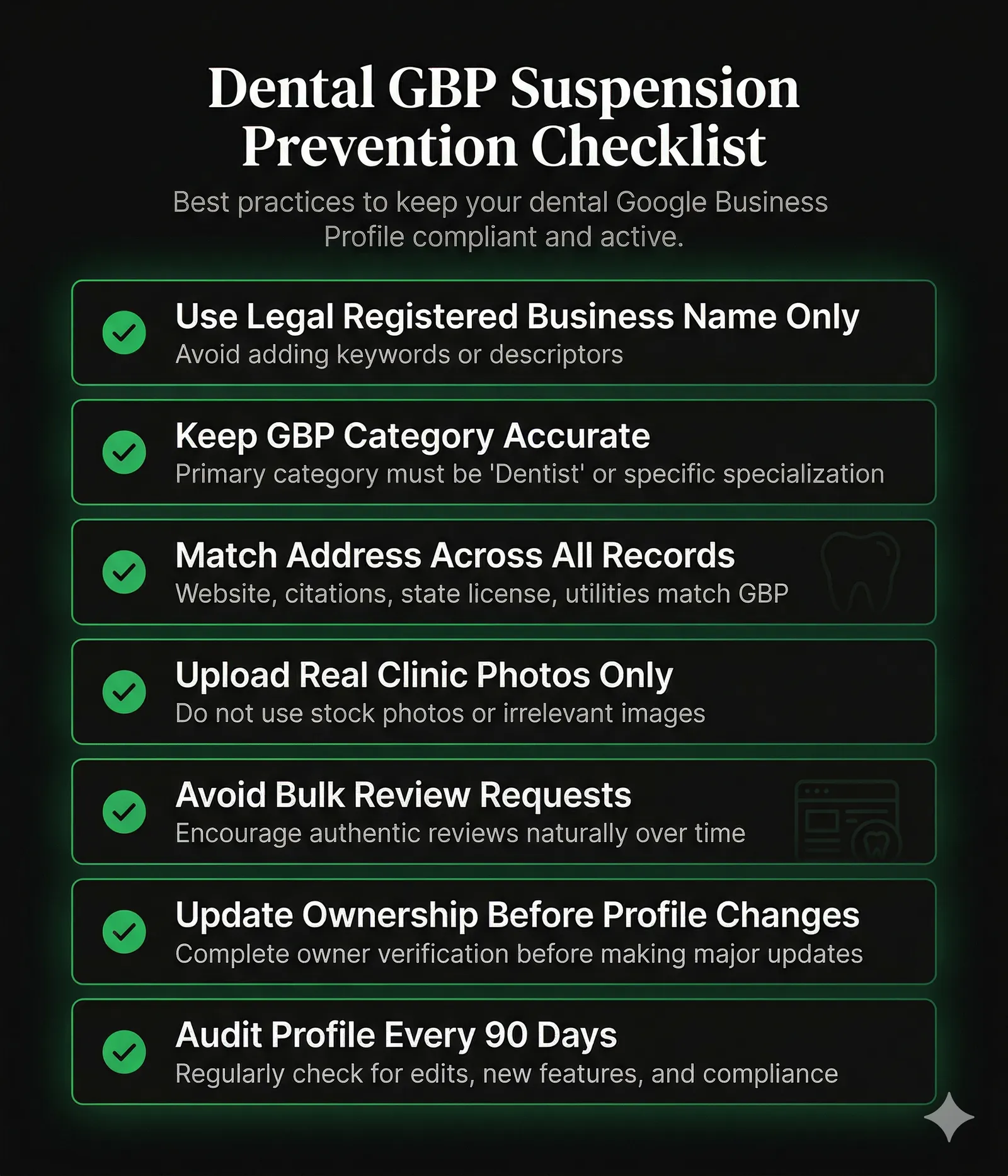 Dental GBP suspension prevention checklist with 7 best practices: use legal business name only, keep category accurate, match address across records, upload real clinic photos, avoid bulk review requests, update ownership before changes, and audit profile every 90 days