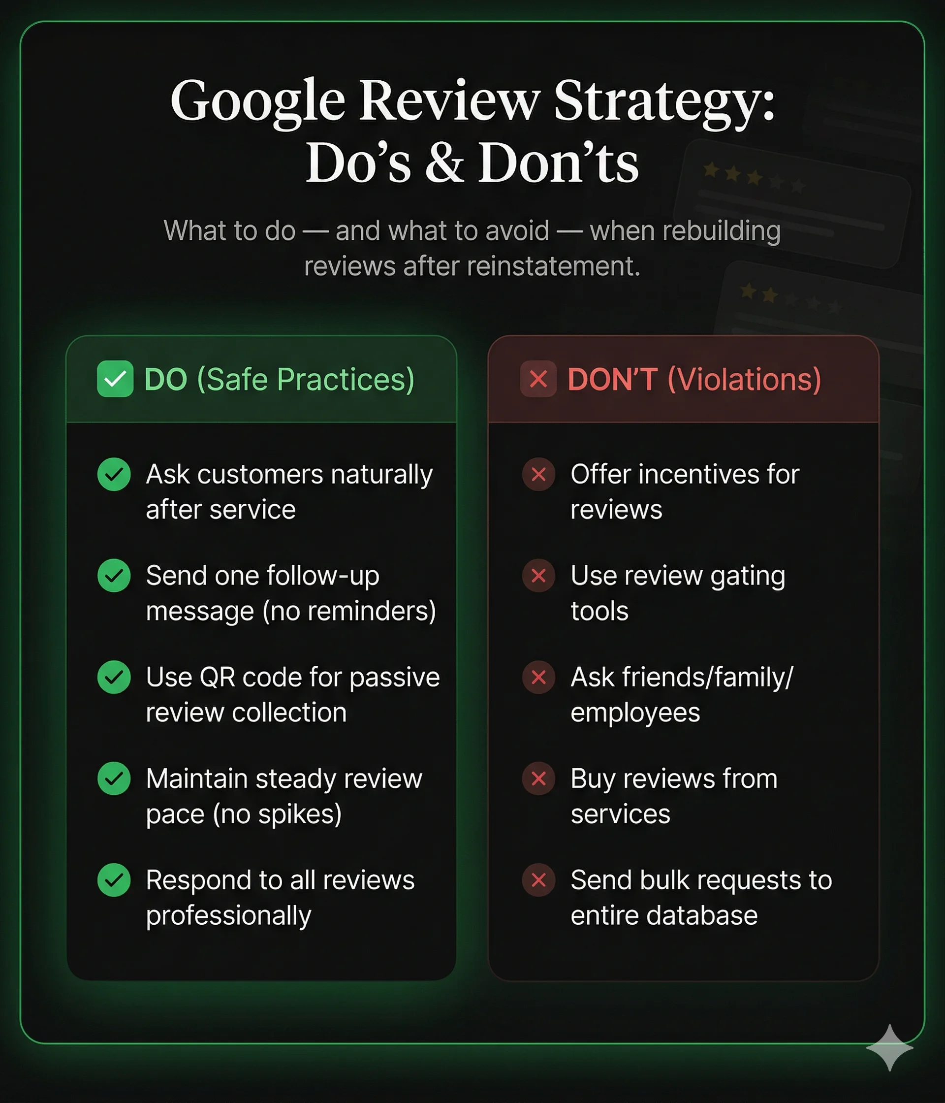 Google review strategy do's and don'ts: safe practices vs policy violations when rebuilding reviews after GBP reinstatement