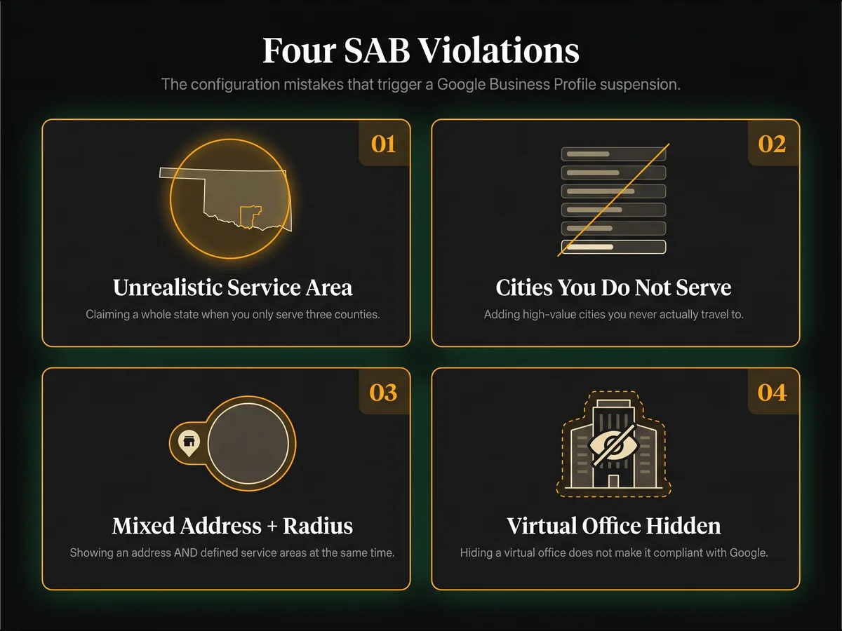 Four-card grid showing the most common Service Area Business violations that get a Google Business Profile suspended — unrealistic service area, listing unserved cities, mixed address and service area configuration, and virtual office abuse