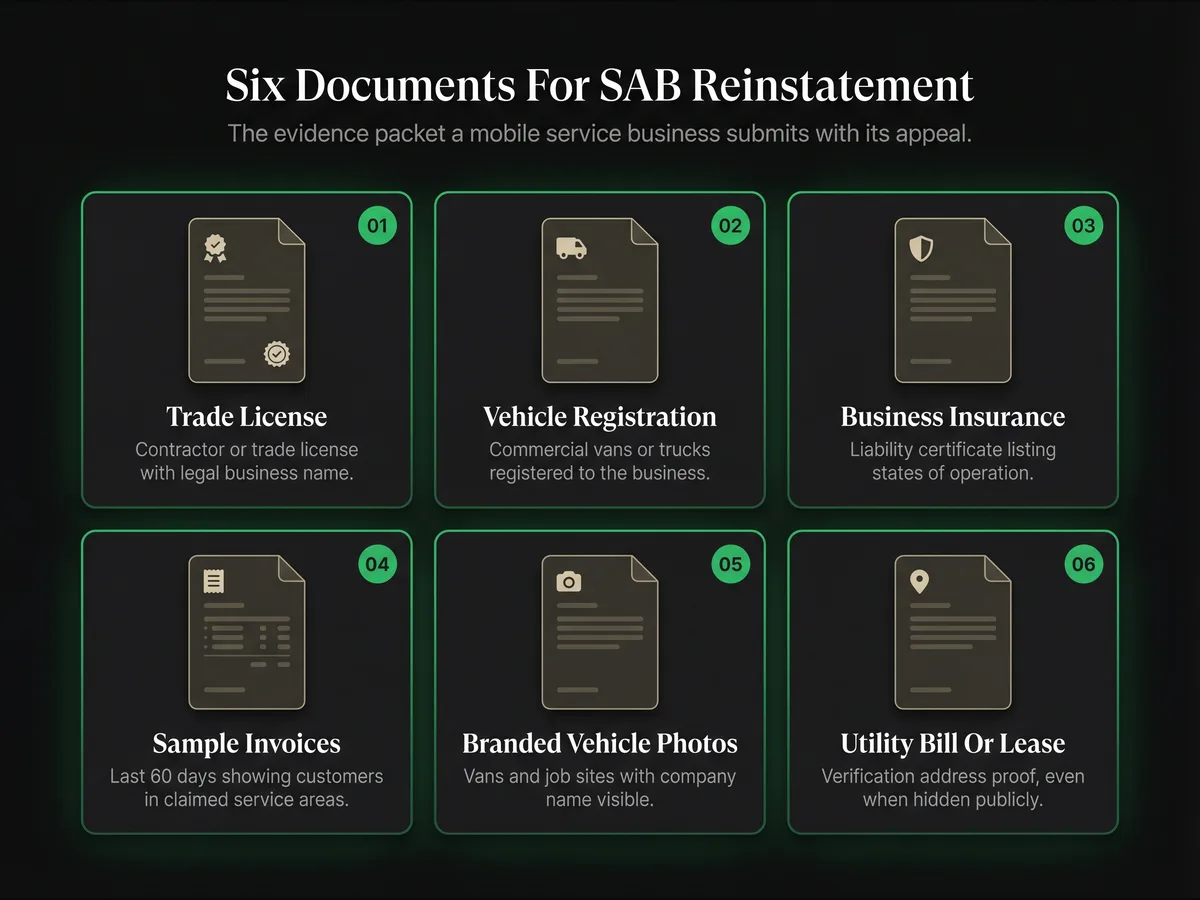 Six-card document grid showing required documentation for a Service Area Business GBP reinstatement — contractor trade license, commercial vehicle registration, business insurance certificate, sample invoices, branded vehicle photos, and utility bill or lease for verification address