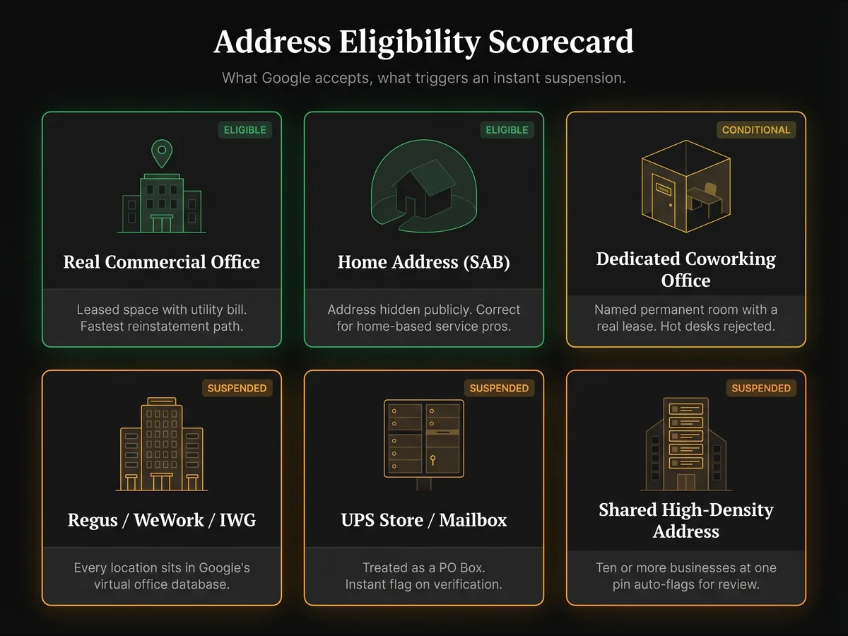 Six-card comparison grid scoring address types against Google Business Profile eligibility — real commercial office, home address with SAB, dedicated coworking private office, Regus and WeWork virtual addresses, UPS Store mailboxes, and shared high-density addresses